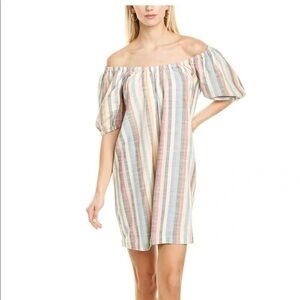 Madewell Puff-Sleeve Trapeze Mini Dress in Rainbow Stripe.